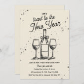 Wine Bottle and Glasses Hand Drawn New Year Party Kaart (Voorkant / Achterkant)