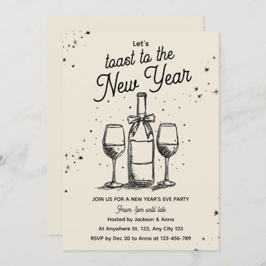 Wine Bottle and Glasses Hand Drawn New Year Party Kaart (Voorkant / Achterkant)