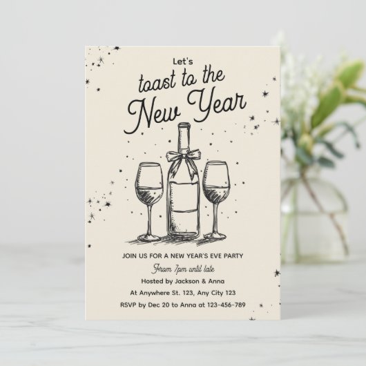 Wine Bottle and Glasses Hand Drawn New Year Party Kaart (Staand voorkant)