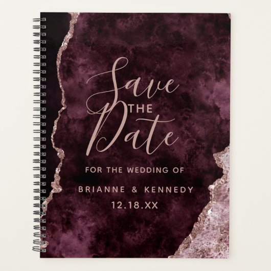 Wine Burgundy Roos Gold Agate Marble Save the Date Planner (Voorkant)