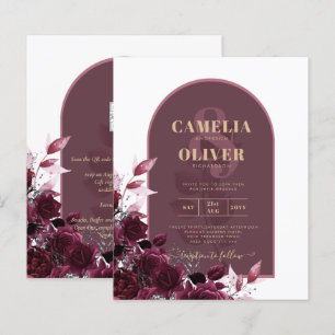 Wine Burgundy Rozen Gold Text Wedding INVITE