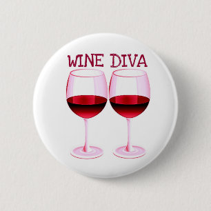 "WINE DIVA" MET RODE WIJNAFDRUKKING RONDE BUTTON 5,7 CM