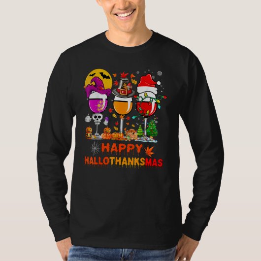 Wine Glasses Witch Santa Hat Pumpkin Happy Halloth T-shirt (Voorkant)