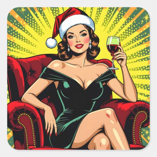 Wine Humor Retro Pop Art Christmas Vierkante Sticker (Voorkant)