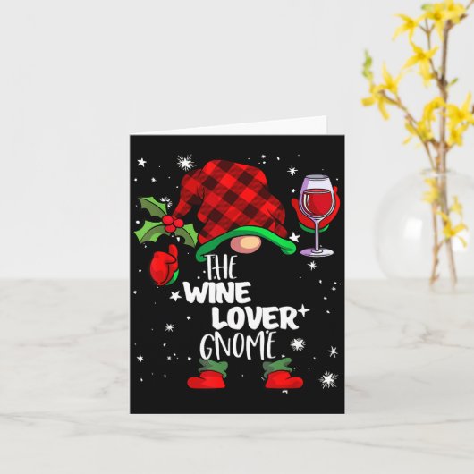 Wine Lover Gnome Red Buffalo Plaid Matching Family Kaart (Gele Bloem)