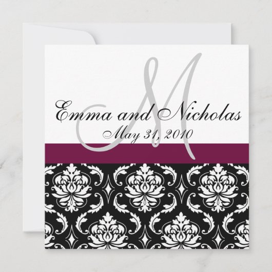Wine Monogram Damask Wedding Invitation Front Kaart (Voorkant)
