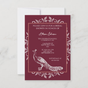 Wine Peacock Flourish Bridal Shower Invitation Kaart