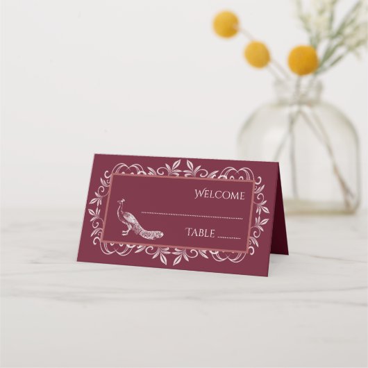 Wine Peacock Flourish Reception Place Card (Voorkant)