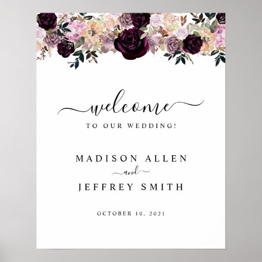 Wine Plum & Mauve Herfst Floral Wedal Welcome Sign Poster (Voorkant)