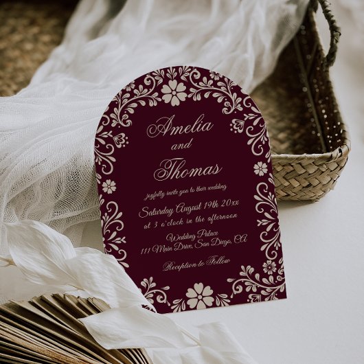 Wine Red Mexican Floral Wedding Invitation