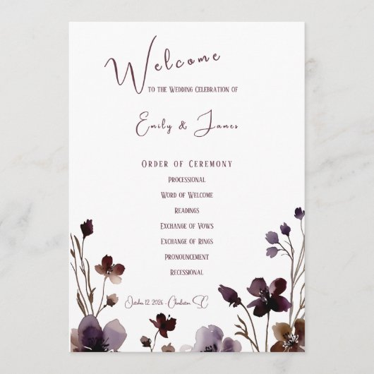Wine Red Plum Mauve Fall Floral Wedding Programma (Voorkant)