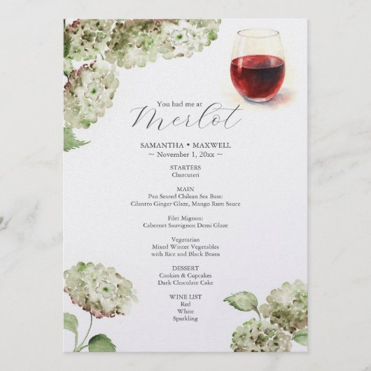 Wine Tasting Food Menu | Hydrangeas (Voorkant)