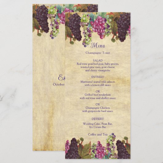 Winery Wedding Grape Vines Rustic Menu (Voorkant / Achterkant)