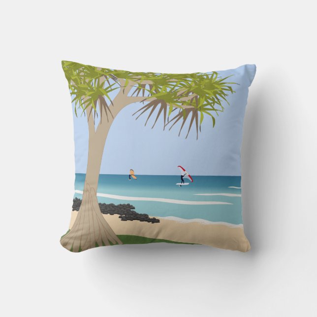 Wing Folie Surfers Pandanus Tree op het strand Kussen (Voorkant)