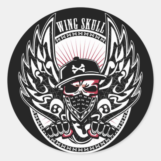 WING SKULL-W RONDE STICKER (Voorkant)