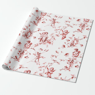 Winged Cherub Angels Flowers Red Toile Cadeaupapier
