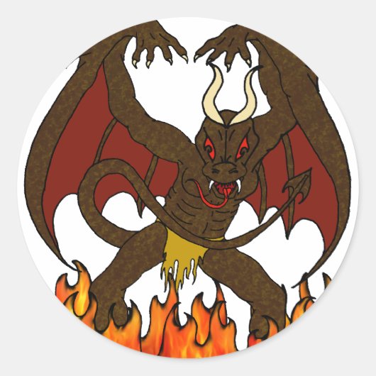 Winged Demon en Hell Flames Ronde Sticker (Voorkant)