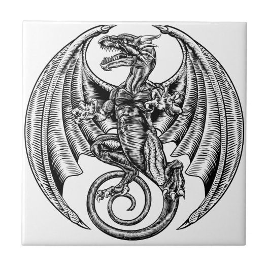 Winged Dragon Woodcut Tegeltje (Voorkant)