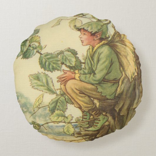 Winged Elm Fairy Zitten in een boom Rond Kussen (Achterkant)