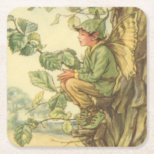 Winged Elm Fairy Zitten in een boom Vierkante Kartonnen Onderzetter