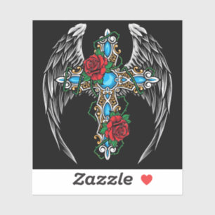 Winged kruis met rode rozen sticker