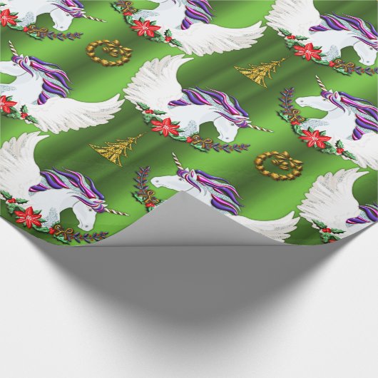 Winged Unicorn Green Kerstmis Cadeaupapier (Hoek)
