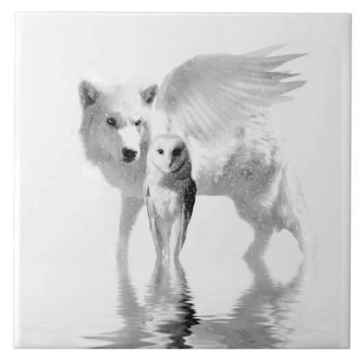 Winged Wolf en Owl Fantasy Art Tegeltje (Voorkant)