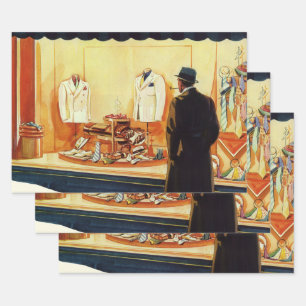 Winkel met vintage bedrijf, man kijkt etalages inpakpapier vel