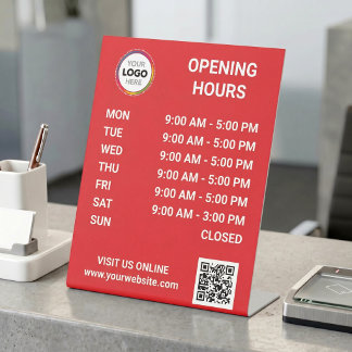 Winkel Openingstijden Met Logo + QR Code - Rood Reclamebord Met Voetstuk
