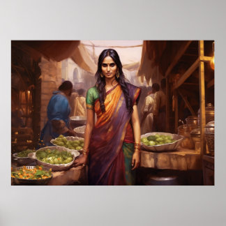 Winkelen in een Indiase straatmarkt olieverfschild Poster
