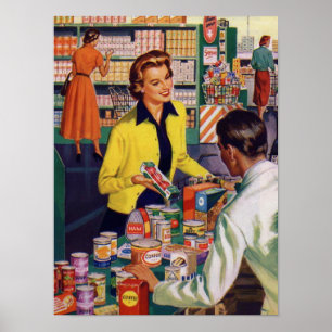 Winkeltje met retro uitstraling boodschappen doen  poster