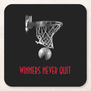 Winnaars stoppen nooit met basketbal vierkante kartonnen onderzetter