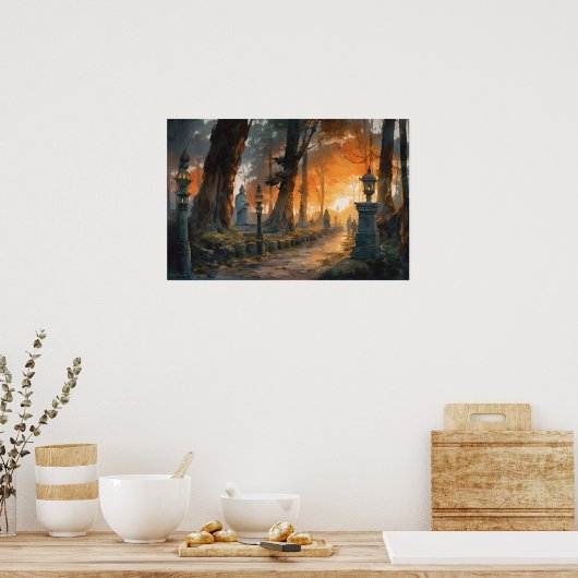 Winnend weg door bossen bij schemering poster (Keuken)