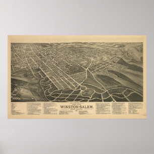 Winston-Salem N. Carolina Antiek Panoramic Map Poster