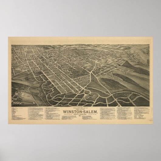 Winston-Salem N. Carolina Antiek Panoramic Map Poster (Voorkant)