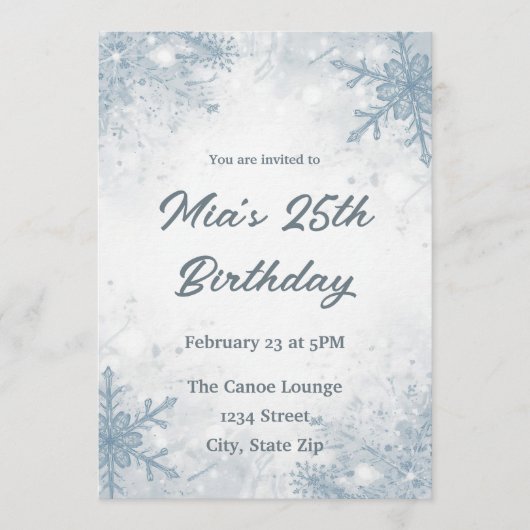 Winter 25th Birthday Invitation – Snowflakes (Devant)