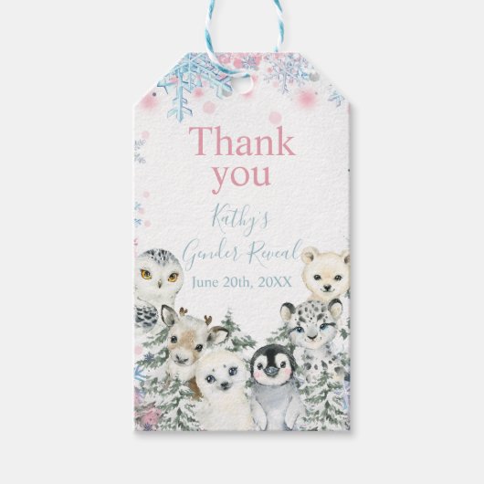 Winter Animal Gender onthulling hem of zij Snowfla Cadeaulabel (Voorkant)