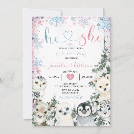 Winter Animal Gender onthulling hem of zij Snowfla Kaart (Voorkant)