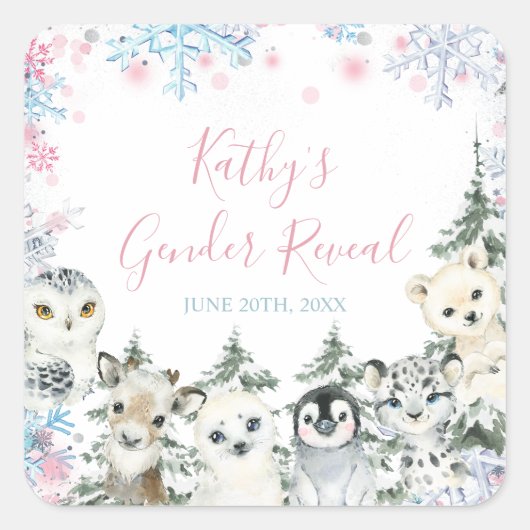 Winter Animal Gender onthulling hem of zij Snowfla Vierkante Sticker (Voorkant)