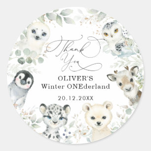 Winter Arctic Animals Snowy Forest 1st Birthday Ronde Sticker