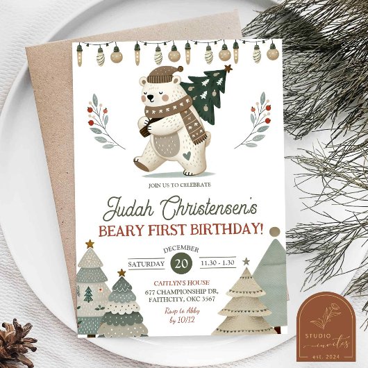 Winter Arctic Beary First Birthday Invitation