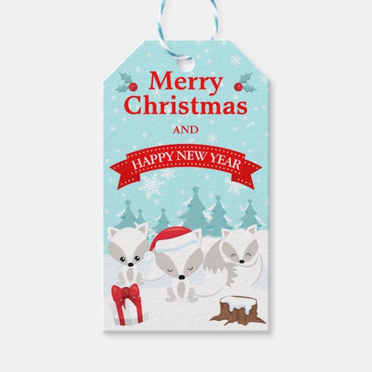 Winter Arctic Foxes Snowy Scene Vrolijk Kerstfeest Cadeaulabel (Voorkant)