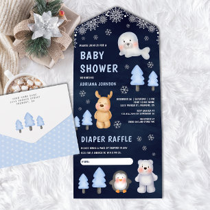Winter Arctische Dieren Marineblauwe Baby Shower All In One Uitnodiging