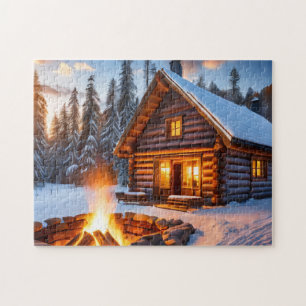 Winter Art Log Cabin Easy Brain Art Puzzel Winter Legpuzzel