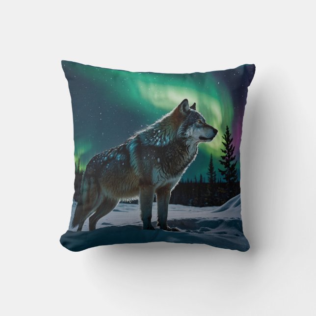 Winter Aurora & Hout Wolf Wildlife Design Kussen (Voorkant)