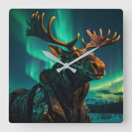 Winter Aurora & Steampunk Moose Wildlife Art Vierkante Klok