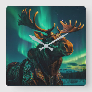 Winter Aurora & Steampunk Moose Wildlife Art Vierkante Klok