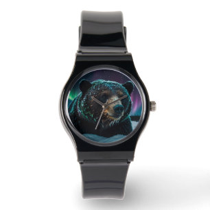 Winter Aurora & Zwart Beer Wildlife Design Horloge