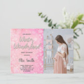 Winter Baby Douche Uitnodigingen Roze Sneeuw Foto (Staand voorkant)