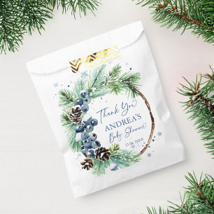 Winter baby shower besneeuwde dennen krans gunst bedankzakje